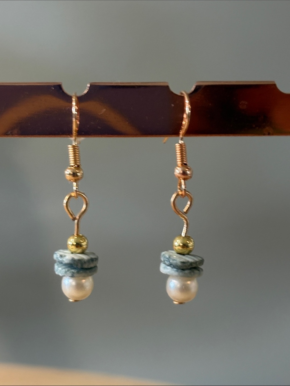 Handmade Gold-Tone Pearl Drop Earrings with Blue-Gray Beads